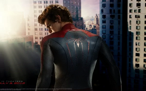 Spider-Man stands poised on a city rooftop, showcasing his iconic suit in this HD wallpaper inspired by The Amazing Spider-Man movie, with a backdrop of urban buildings.