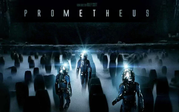 HD PC desktop wallpaper featuring a dark, eerie scene from the movie Prometheus with astronauts walking among large stone pillars in foggy surroundings.