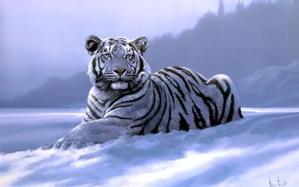 HD desktop wallpaper featuring a majestic white tiger resting in a snowy landscape with misty mountains in the background.