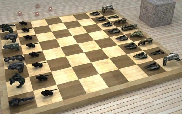 A chessboard featuring intricately designed EVE Online spaceships as pieces, set against a wooden floor, creating a unique blend of strategy and sci-fi aesthetics.