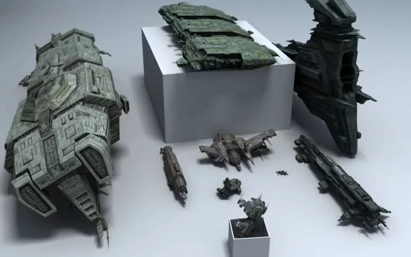 A detailed HD wallpaper featuring various spacecraft models from EVE Online, showcasing intricate designs and textures on a minimalist background.