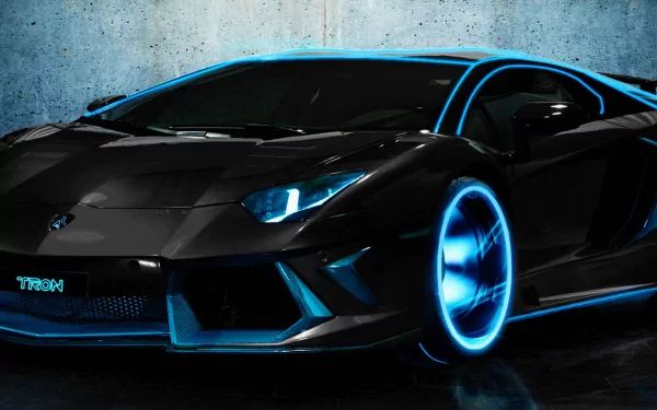 HD desktop wallpaper of a Lamborghini Aventador with futuristic blue neon lights accentuating its sleek design, set against a concrete background.