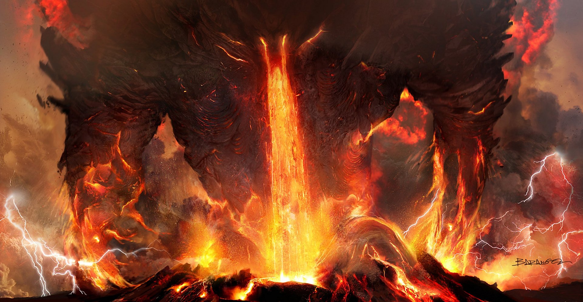 A dramatic HD wallpaper featuring a fiery volcanic landscape, embodying fantasy and elemental forces with flowing lava and intense flames illuminating the scene.