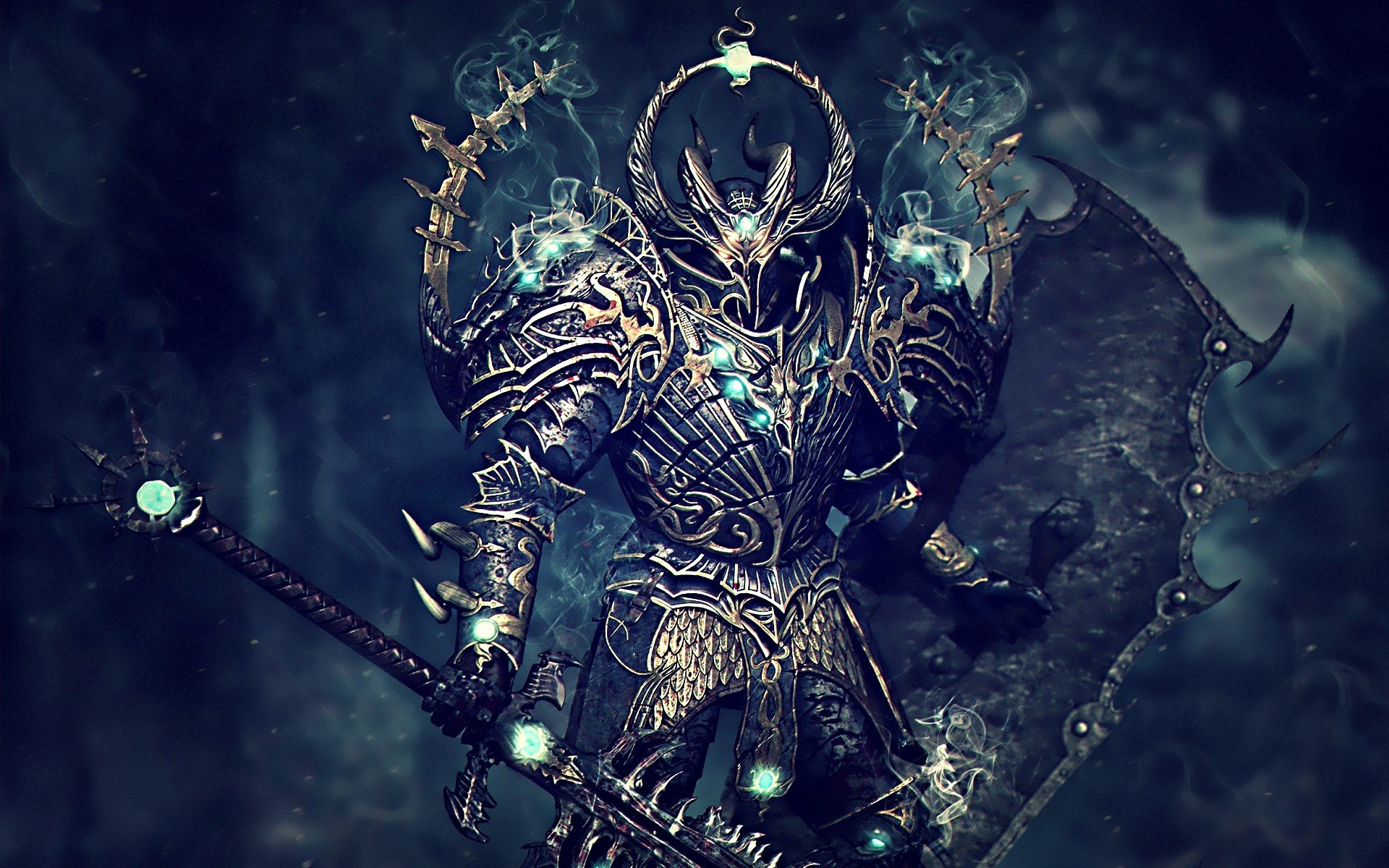 A stunning HD desktop wallpaper featuring a menacing Warhammer character adorned in intricately designed armor, wielding a staff and shield, surrounded by mystical energy.