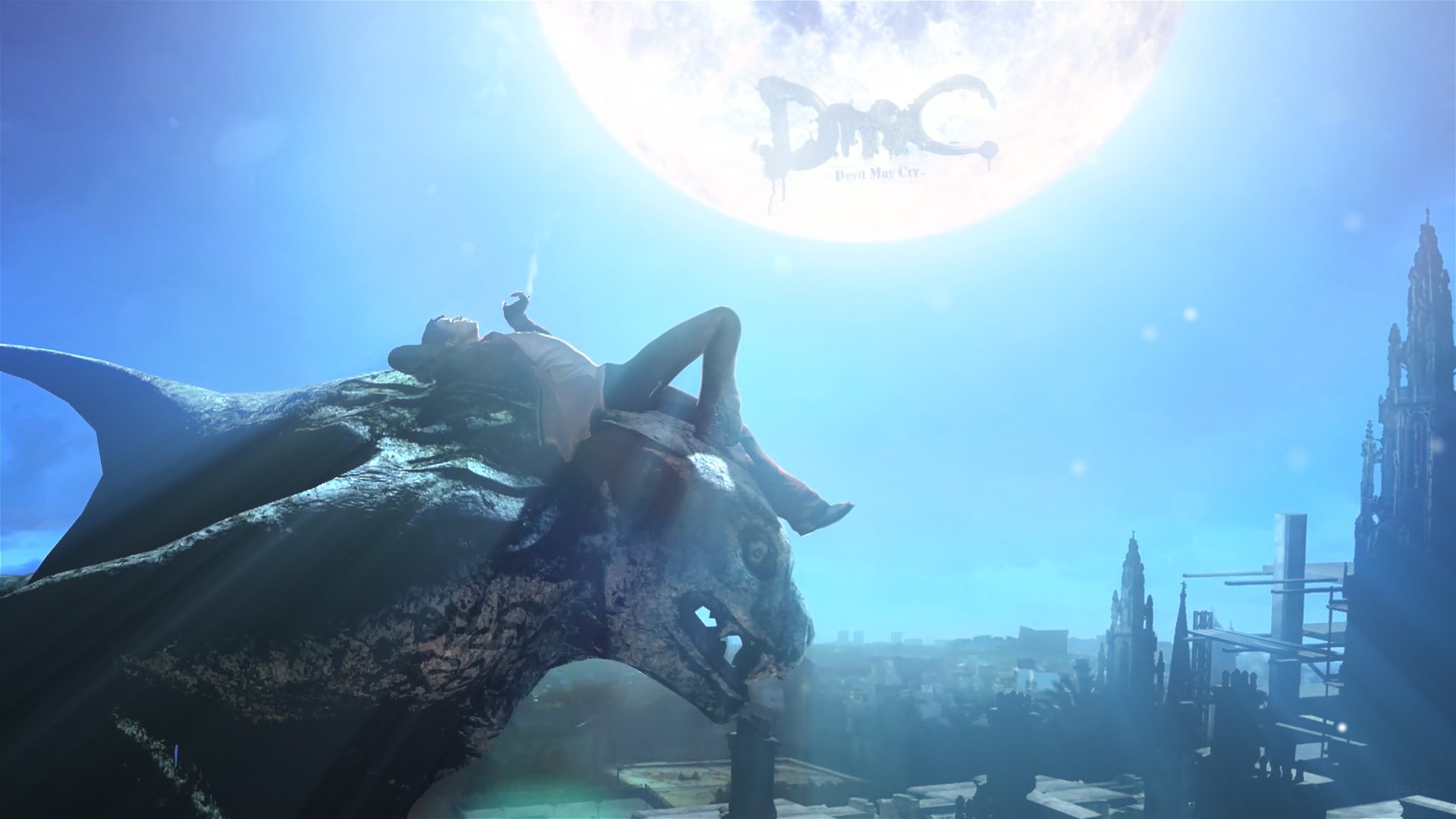 A stunning HD wallpaper from DmC: Devil May Cry, featuring a dramatic scene with a colossal creature under a glowing moon, showcasing the game's intense and captivating atmosphere.