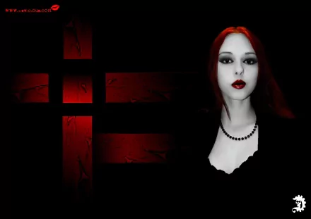 A striking HD wallpaper featuring Liz Vicious in a dark, gothic setting. The image showcases a dramatic contrast of red and black, enhancing the moody atmosphere.