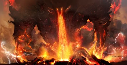 A dramatic HD wallpaper featuring a fiery volcanic landscape, embodying fantasy and elemental forces with flowing lava and intense flames illuminating the scene.