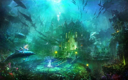 HD wallpaper of a fantasy underwater city, featuring vibrant marine life, mystical architecture, and a figure riding a dolphin amidst the glowing depths.