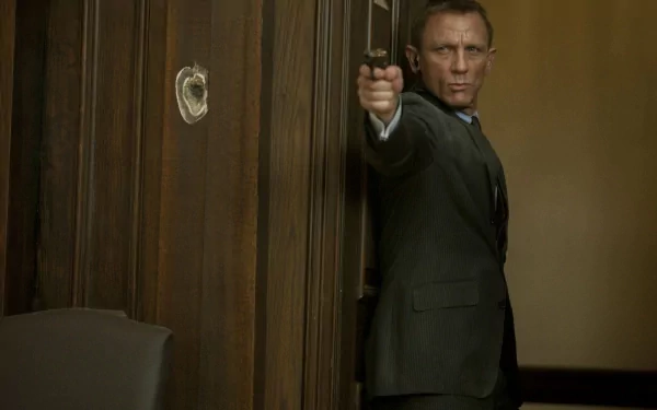 HD desktop wallpaper featuring Daniel Craig as James Bond in a tense scene from the movie Skyfall, aiming with a gun against a wooden-paneled wall.
