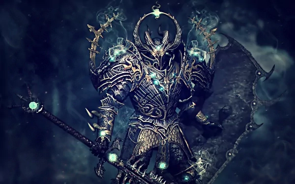 A stunning HD desktop wallpaper featuring a menacing Warhammer character adorned in intricately designed armor, wielding a staff and shield, surrounded by mystical energy.