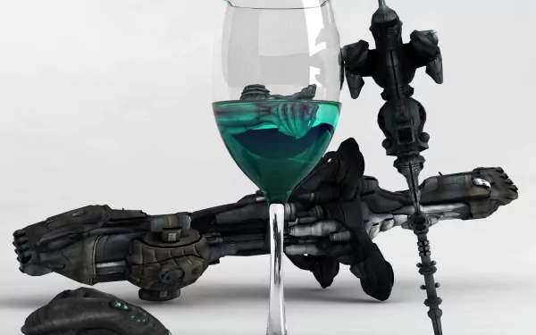 A high-definition desktop wallpaper featuring a glass of turquoise liquid beside intricately designed spacecraft, inspired by EVE Online's sci-fi universe.