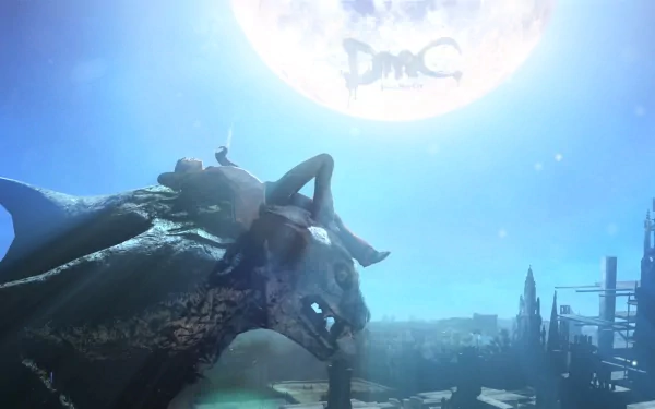 A stunning HD wallpaper from DmC: Devil May Cry, featuring a dramatic scene with a colossal creature under a glowing moon, showcasing the game's intense and captivating atmosphere.