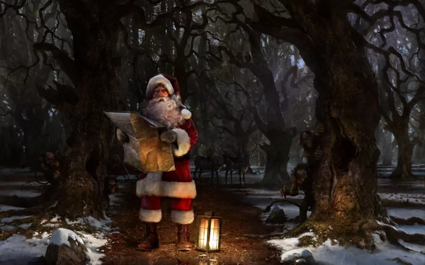 Santa Claus holding a map in a dark, snowy forest at night, illuminated by a lantern, with reindeer and a troll in the background. Christmas-themed HD desktop wallpaper.