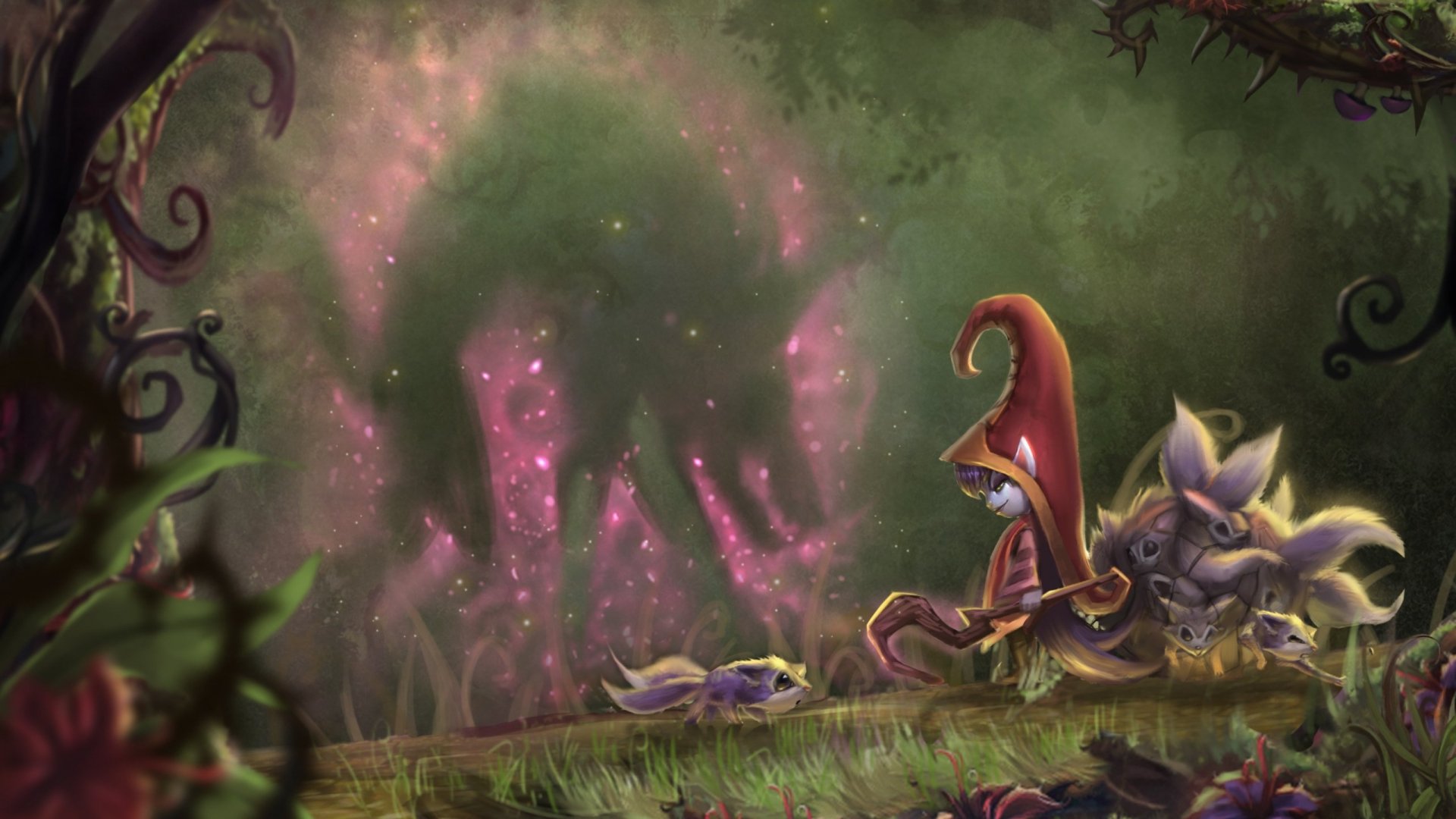 Lulu (League of Legends) and Pix in a magical forest, whimsical 2K Quad HD PC wallpaper of the cloaked yordle casting sparkly, glowing shapes.