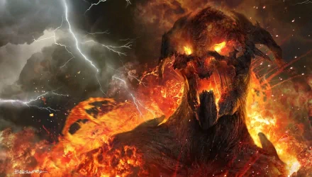 A powerful depiction of Kronos from Wrath of the Titans, featuring a fiery, menacing figure surrounded by flames and lightning, creating an intense and dramatic atmosphere. HD wallpaper.