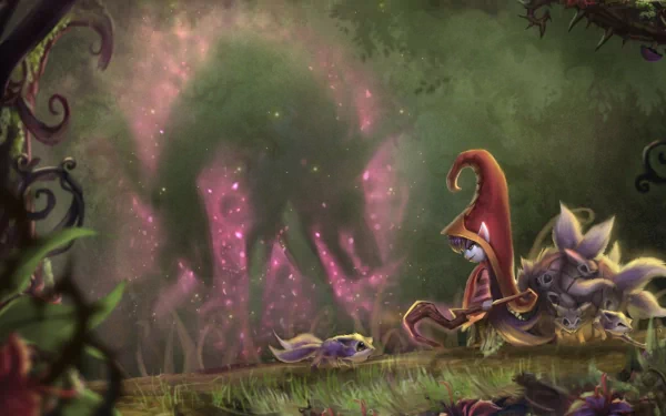 Lulu (League of Legends) and Pix in a magical forest, whimsical 2K Quad HD PC wallpaper of the cloaked yordle casting sparkly, glowing shapes.