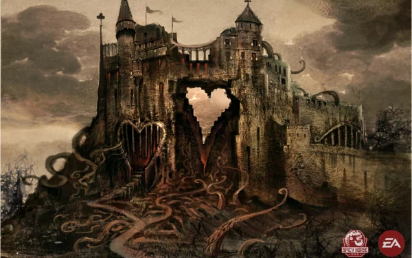 Dark, twisted castle with a heart-shaped opening and tentacle-like roots, captured as an HD PC desktop wallpaper from the video game Alice: Madness Returns.