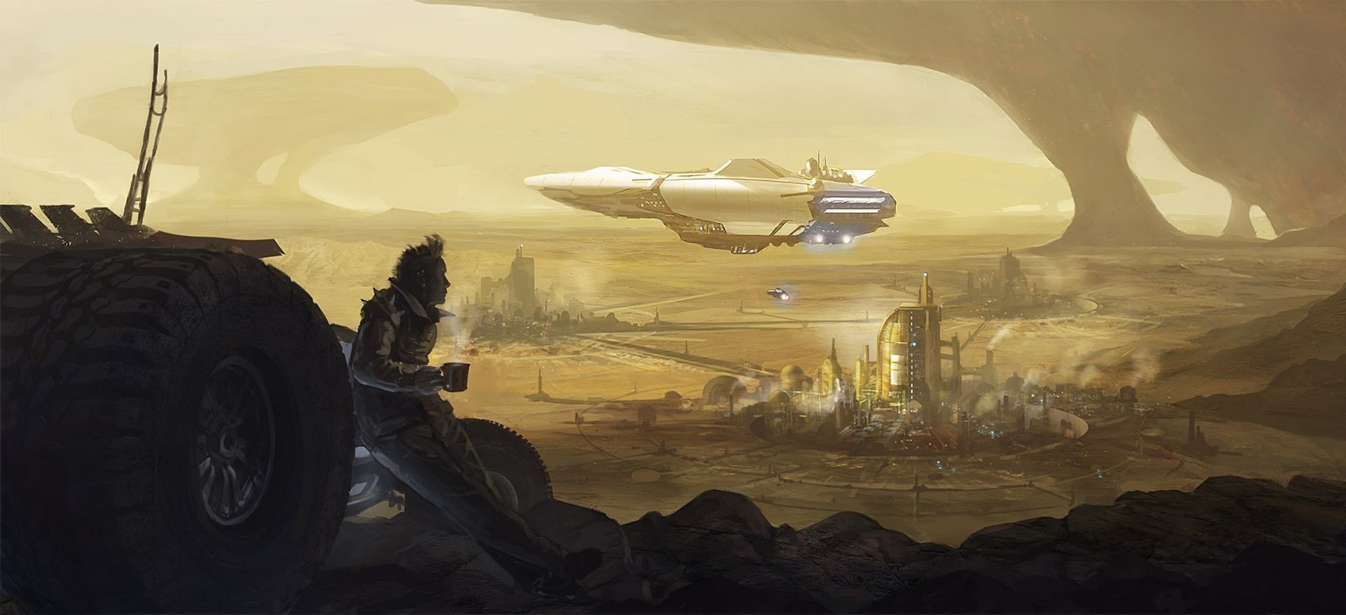 A futuristic sci-fi city unfolds under a vast sky, featuring a sleek spacecraft and intricate structures, with a figure seated in the foreground, contemplating the scene.