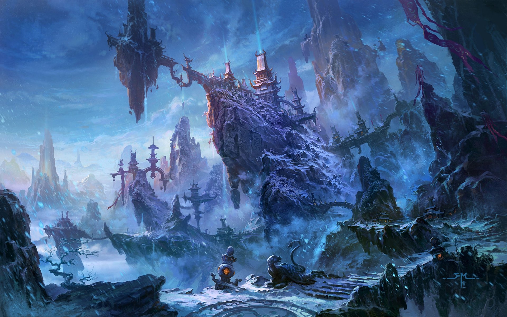 HD PC desktop wallpaper depicting a fantasy city with towering, jagged structures under a mystical blue sky, blending surreal and otherworldly architectural elements.
