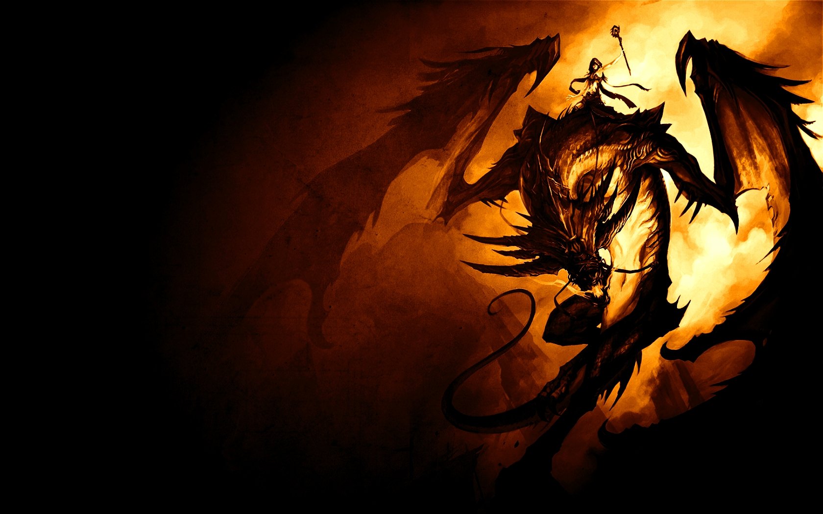HD PC desktop wallpaper featuring a fiery fantasy dragon surrounded by dark, swirling shadows, creating a dramatic and intense atmosphere.