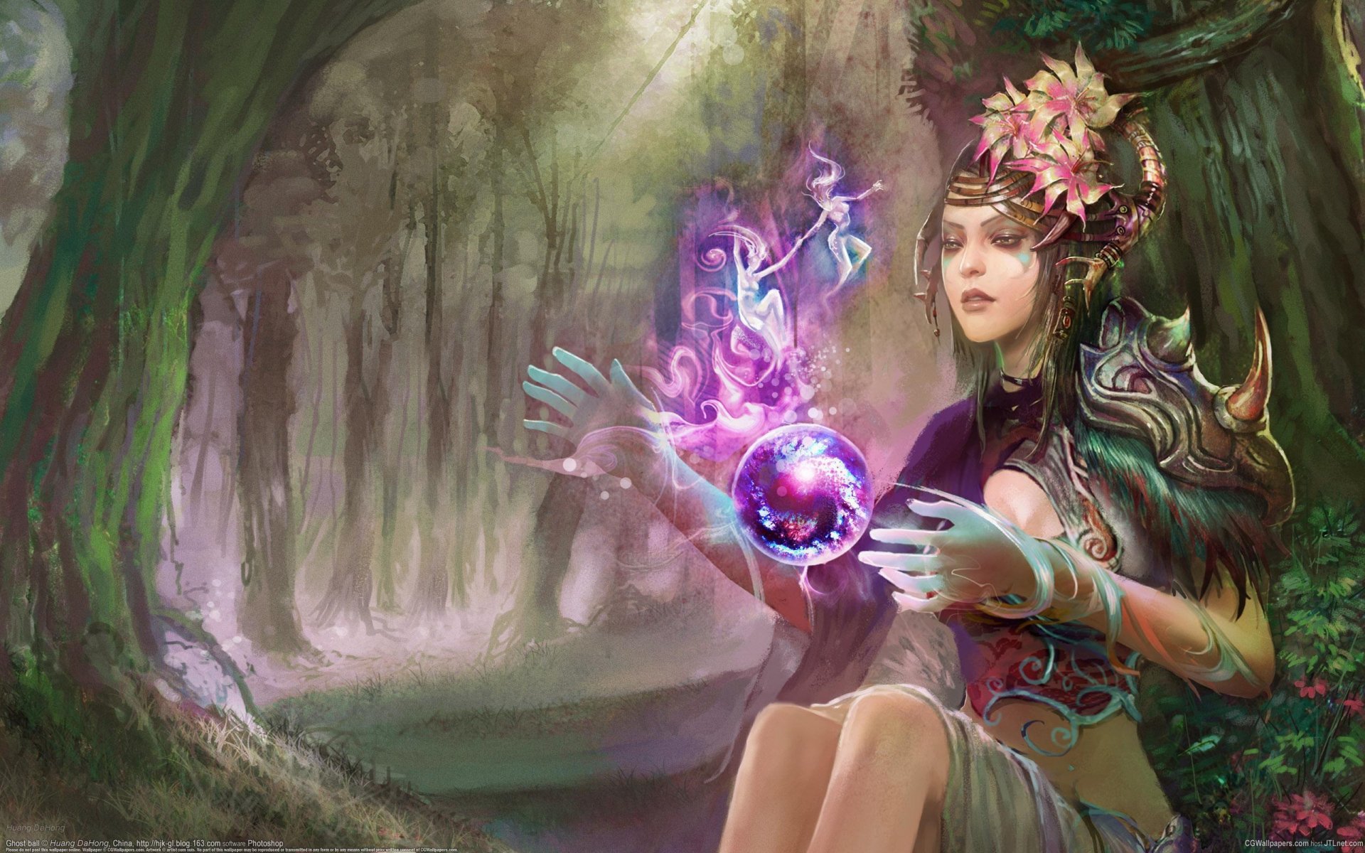 Fantasy HD PC desktop wallpaper featuring a mystical witch in ornate armor, casting a glowing spell with a magical orb in an enchanted forest setting.
