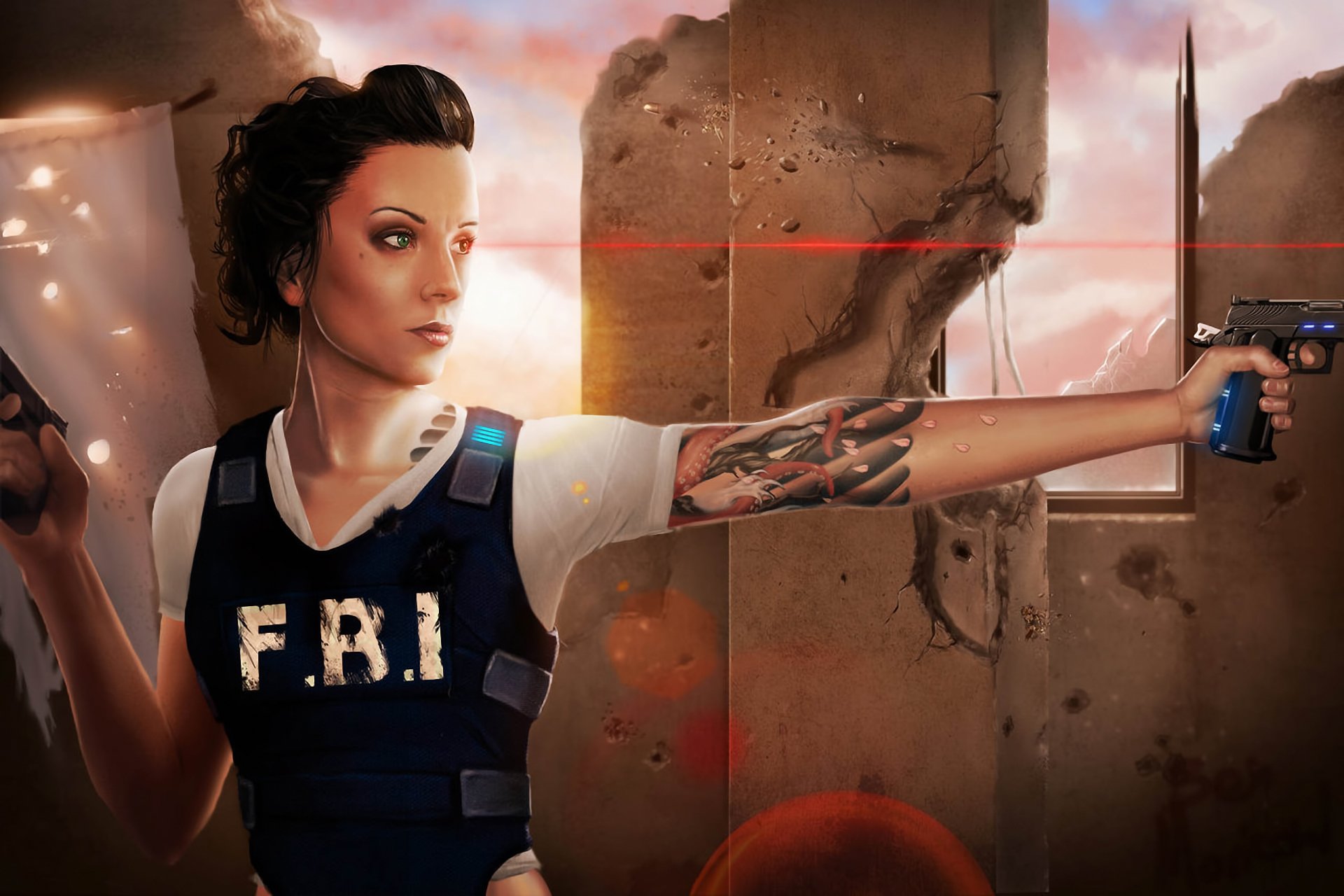 Artistic HD desktop wallpaper featuring a woman in an FBI vest, aiming a gun with a focused expression, set against a dynamic background with a dramatic atmosphere.