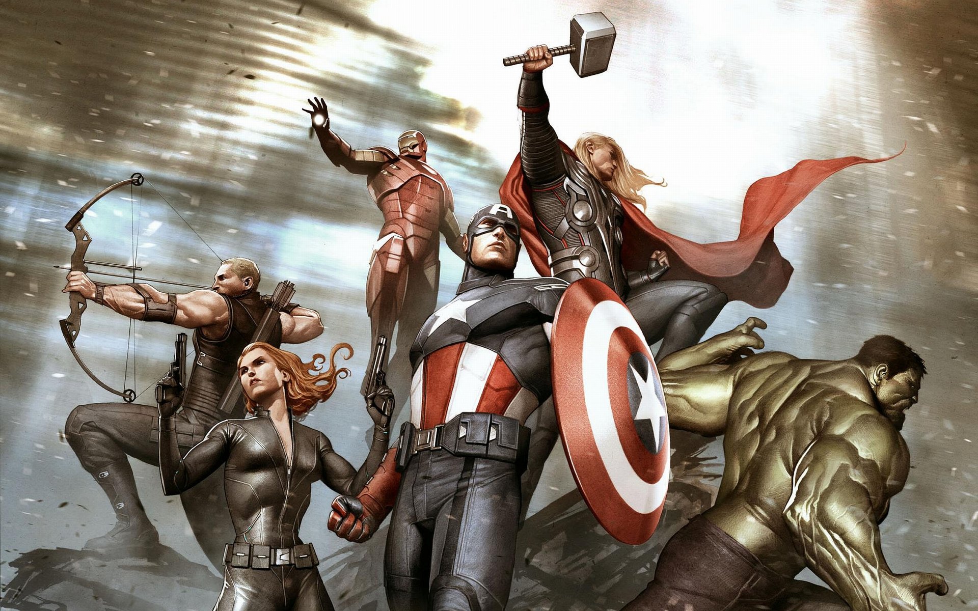 A dynamic HD desktop wallpaper featuring Thor, Hulk, Iron Man, Captain America, Black Widow, and Hawkeye from the Avengers, showcasing their iconic poses and powerful presence.