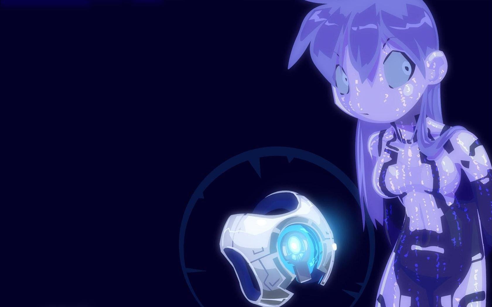A vibrant HD desktop wallpaper featuring a character from the video game Halo, with striking purple hair and a futuristic arm device, set against a dark background.