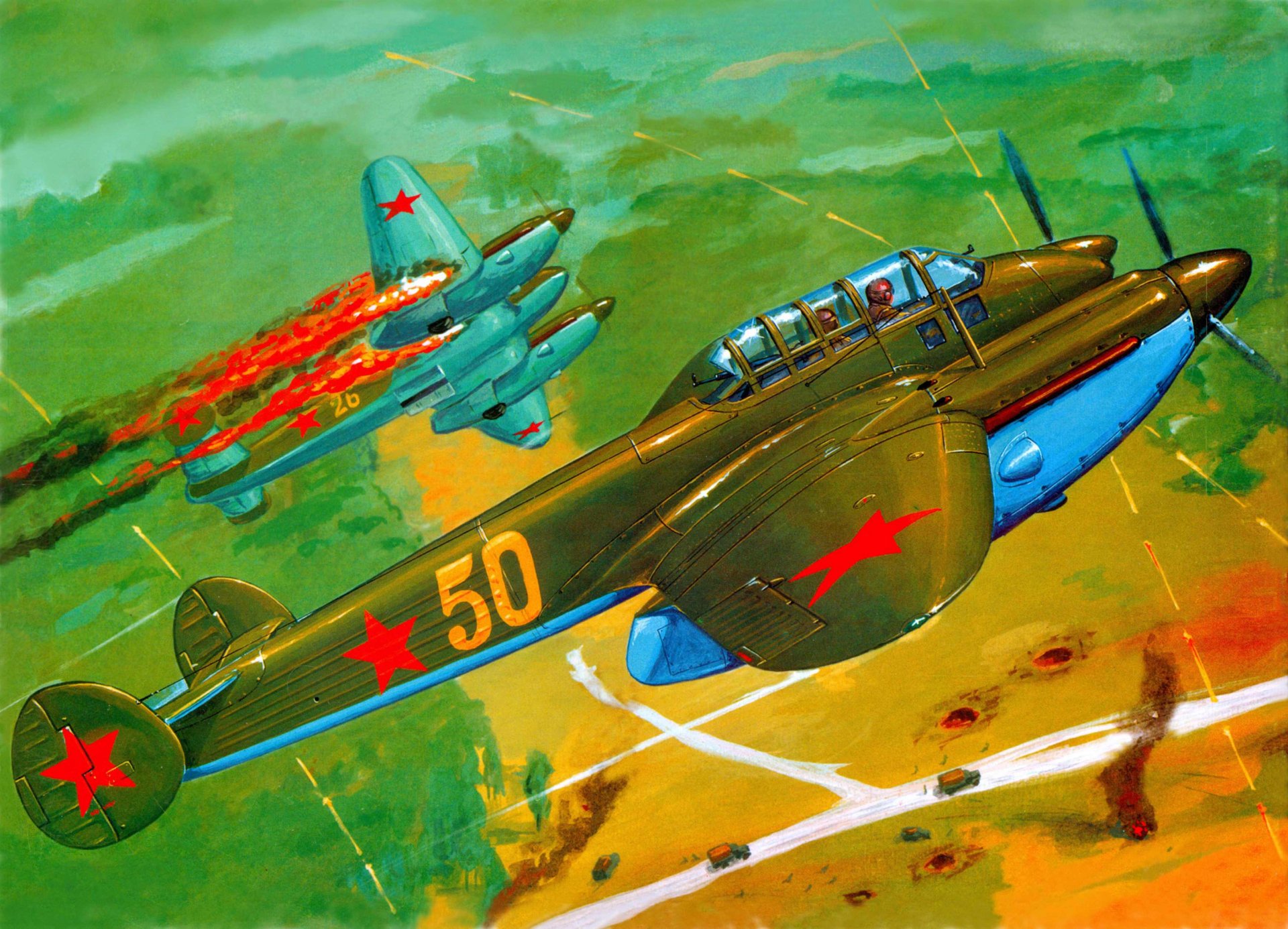 HD PC desktop wallpaper featuring a vibrant military aircraft scene with two vintage fighter planes in action against a green sky backdrop.
