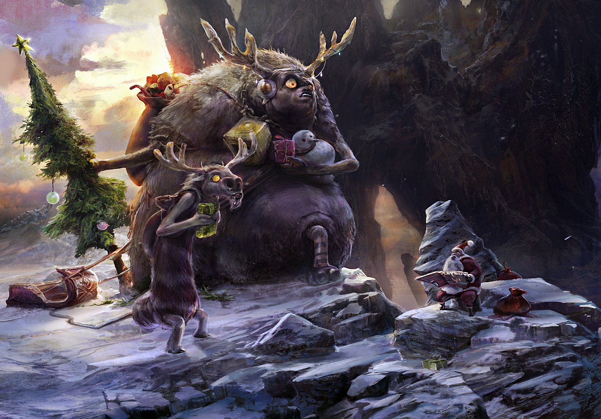 A whimsical Christmas scene featuring fantasy creatures, including a large, cheerful figure with antlers and smaller companions, set against a snowy, mountainous backdrop.