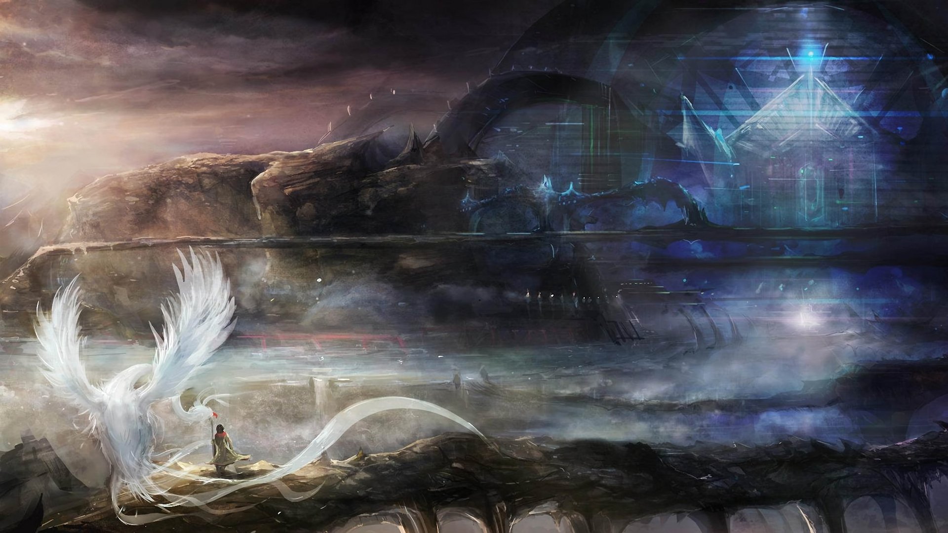 A mystical landscape featuring a figure and a majestic white creature amidst swirling clouds and ethereal structures. This artistic fantasy scene makes for a captivating HD wallpaper.