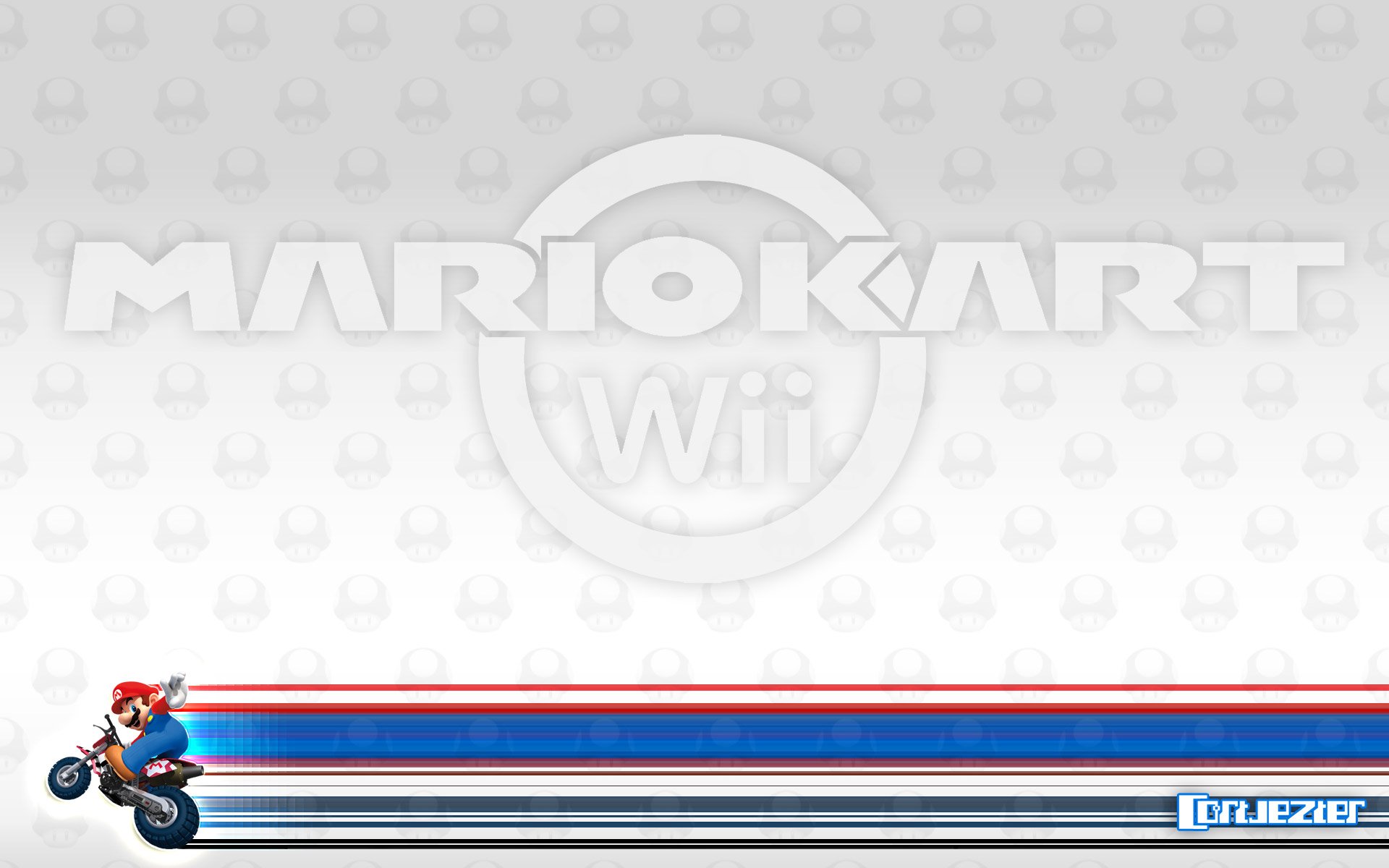 HD PC desktop wallpaper/background for the video game Mario Kart Wii: Mario on a motorcycle streaks across red, white and blue speed lines beneath a faded Mario Kart Wii logo.