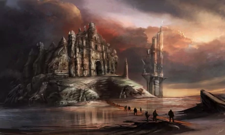 A fantasy castle perched on a rocky cliff under a dramatic sky, with figures approaching along a reflective, misty shoreline in this 4K Ultra HD desktop wallpaper.