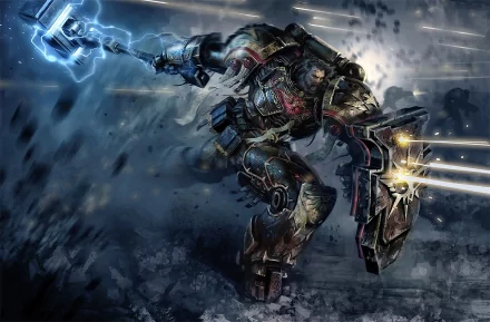 A dynamic HD wallpaper featuring a powerful Warhammer video game character wielding a hammer, set against a dramatic, action-packed background with energy effects.