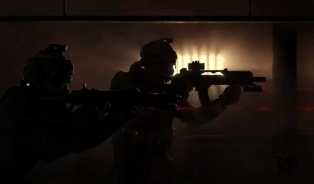 A dramatic HD desktop wallpaper featuring silhouetted military SWAT team members poised with rifles, creating an intense and dynamic atmosphere.