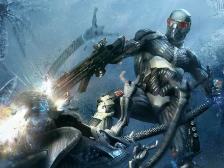 High-definition wallpaper depicting Laurence 'Prophet' Barnes from the video game Crysis 2, showcasing an intense battle scene with futuristic weaponry.