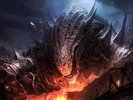 A dramatic fantasy creature emerges from fiery depths, its imposing figure and intricate scales dominate the scene, creating a captivating HD desktop wallpaper and background.