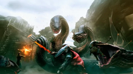 A dynamic scene from the video game Dragon's Dogma: Dark Arisen, featuring a hero battling monstrous serpents in a dramatic, high-definition fantasy landscape.