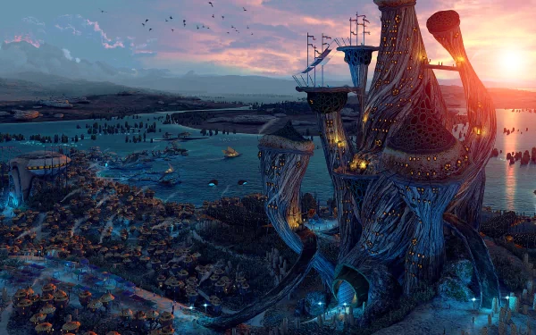 A stunning HD wallpaper from The Elder Scrolls III: Morrowind, showcasing a mystical landscape with unique architecture and a vibrant sunset over a serene waterway.