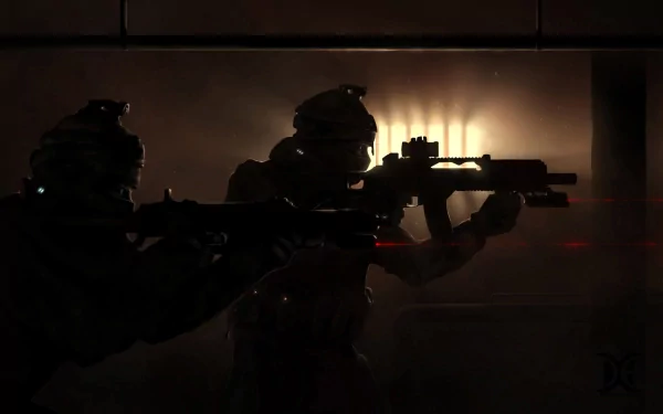 A dramatic HD desktop wallpaper featuring silhouetted military SWAT team members poised with rifles, creating an intense and dynamic atmosphere.