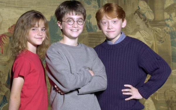 HD desktop wallpaper of Harry Potter characters Ron Weasley, Hermione Granger, and Harry Potter standing together. The background portrays a scene from the movie series.