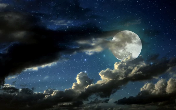 HD desktop wallpaper depicting a luminous, full moon peeking through clouds in a night sky filled with stars. Nature's beauty is captured in this stunning background.