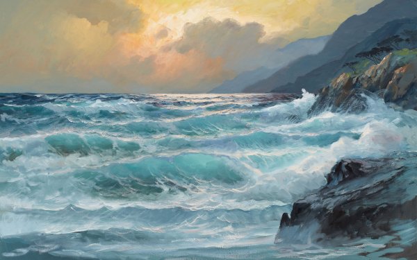 Artistic Nature Wave Ocean Sea Coast Painting Earth Sunset HD Wallpaper | Background Image