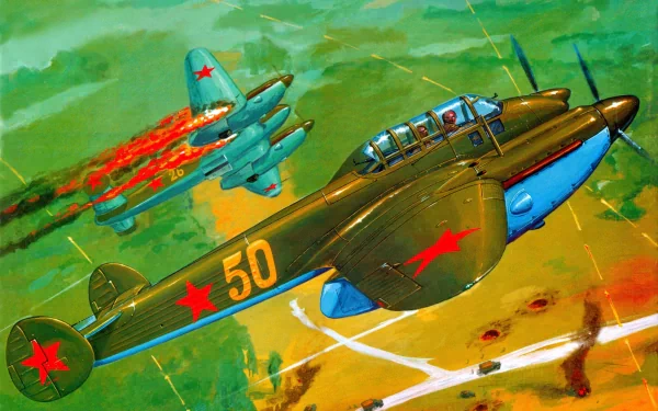 HD PC desktop wallpaper featuring a vibrant military aircraft scene with two vintage fighter planes in action against a green sky backdrop.