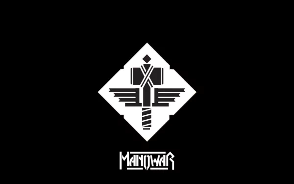 HD desktop wallpaper featuring the iconic Manowar logo, set against a sleek black background, capturing the essence of the band's powerful music and aesthetic.