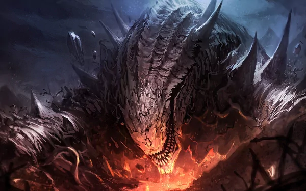 A dramatic fantasy creature emerges from fiery depths, its imposing figure and intricate scales dominate the scene, creating a captivating HD desktop wallpaper and background.