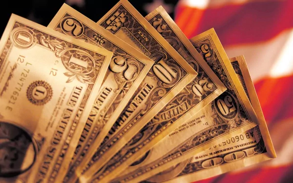 HD desktop wallpaper featuring man-made US dollar bills fanned out against a blurred American flag background.