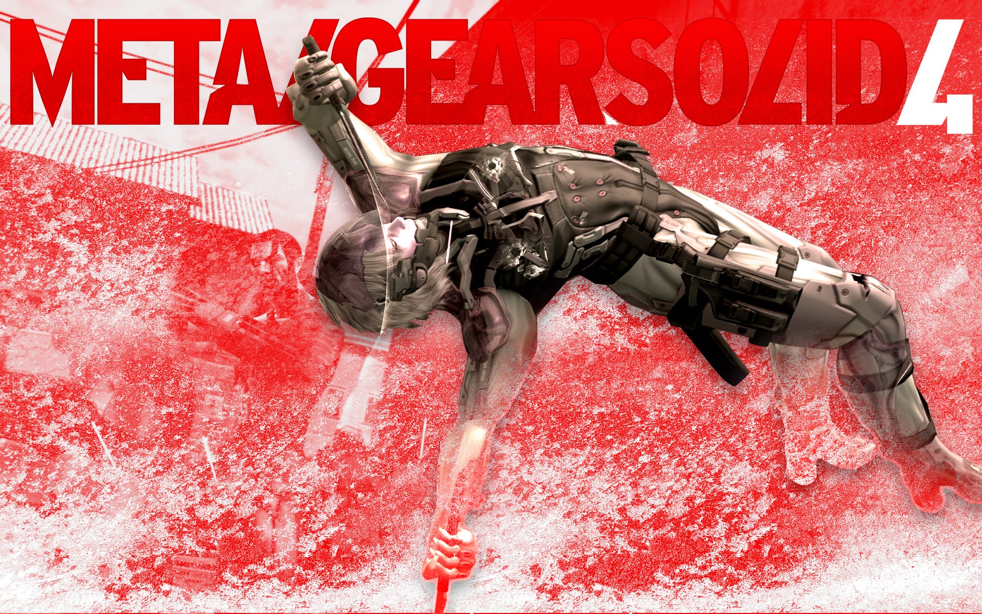 HD PC desktop wallpaper featuring artwork from the video game Metal Gear Solid 4: Guns of the Patriots, showcasing its iconic character in a dynamic pose with bold red text.
