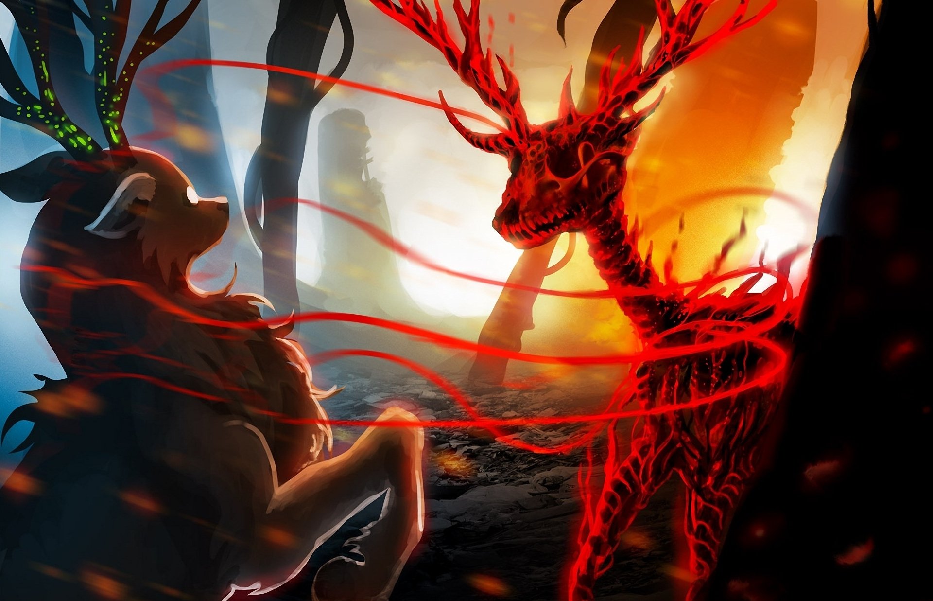 Comic-style Romantically Apocalyptic HD PC desktop wallpaper and background: two deer-like creatures—one shadowy green, one fiery red—bound by glowing ribbons amid a ruined sunlit landscape.