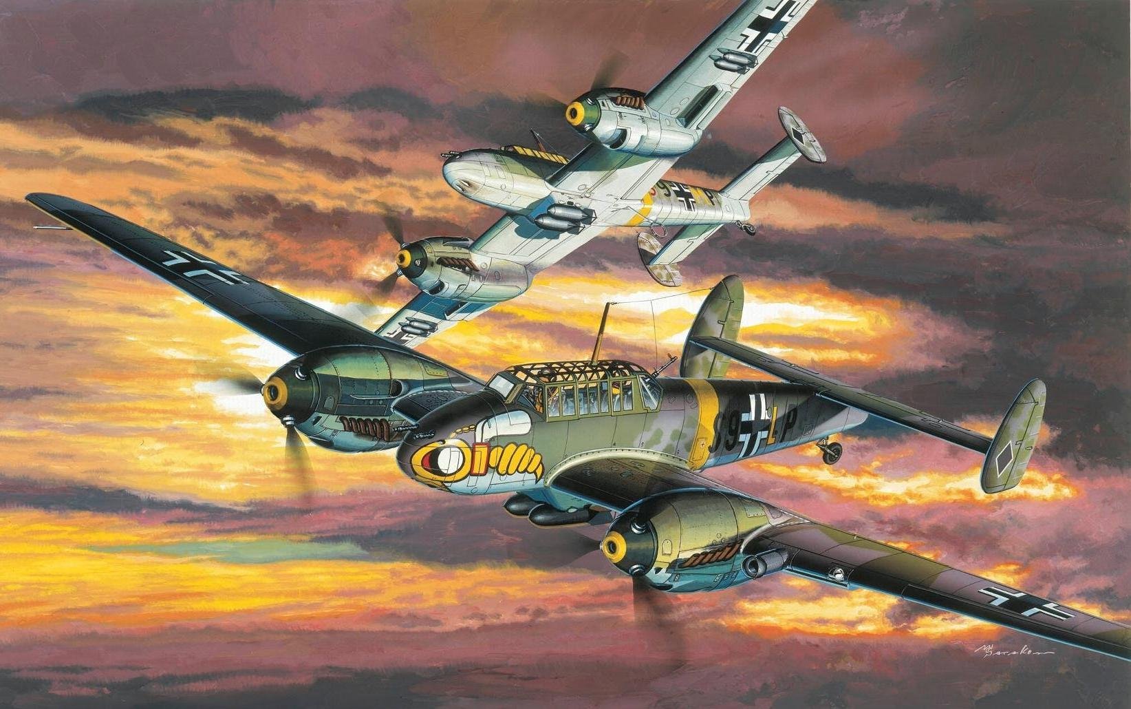 HD PC desktop wallpaper depicting two vintage military aircraft flying against a dramatic sunset sky.